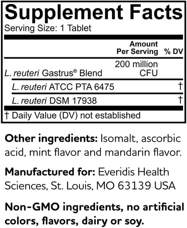 Biogaia Gastrus Chewable Tablets, Adult Probiotic Supplement for Stomach Discomfort, Constipation, Gas, Bloating, Regularity, Non-Gmo, 30 Tablets, 2 Pack