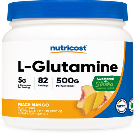 Nutricost L-Glutamine Powder Sweetened with Stevia (500 Grams / 5 Grams L-Glutamine per Serving/Peach Mango) | L-Glutamine Supplement for Gut Support - Gluten Free, Non-Gmo
