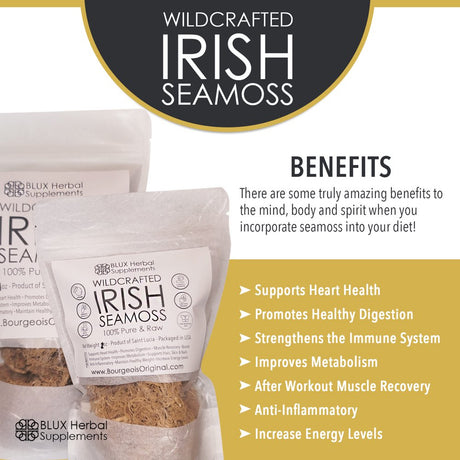 Wildcrafted Irish Sea Moss -100% Pure & Raw Irish Moss -Ethically Sourced St. Lucian, Sun Dried Seamoss with 92 Essential Nutrients - Healthy Skin, Gut & Joint Support -Vegan, Organic Sea Moss - 4 Oz