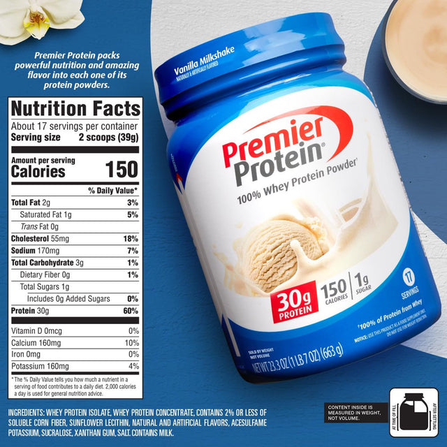 Premier Protein 100% Whey Protein Powder, Vanilla Milkshake, 30G Protein, 23.3 Oz, 1.7 Lb