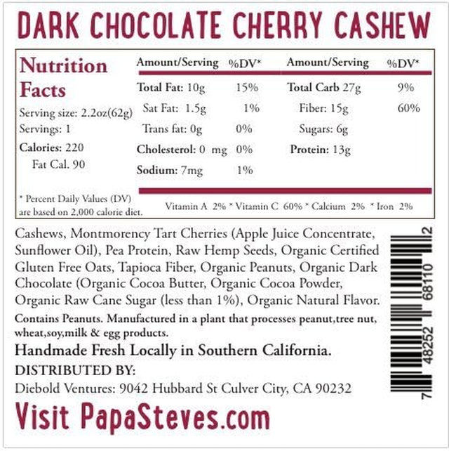 Papa Steve’S No Junk Raw Protein Bars, Dark Chocolate Cherry Cashew, 2.2 Oz, 10 Count