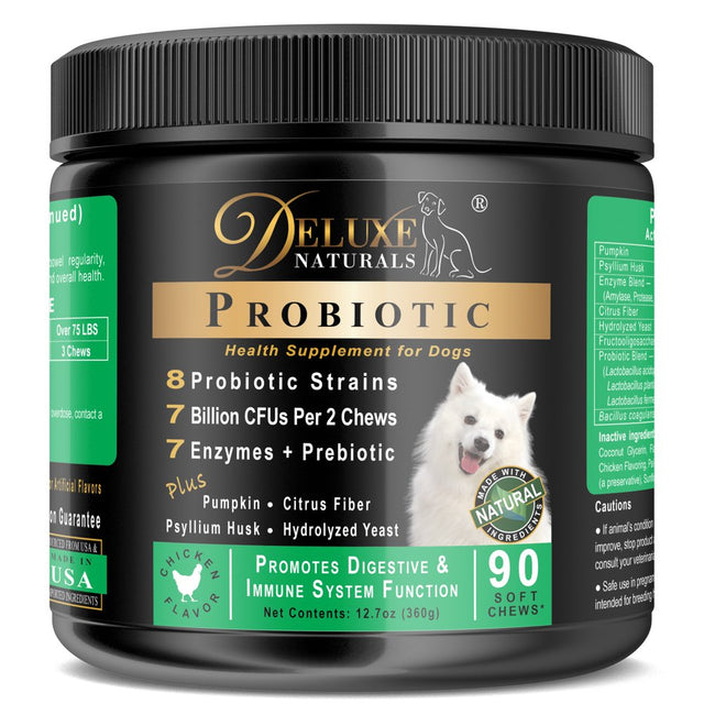 Deluxe Naturals Probiotics for Dogs | All-Natural Dog Probiotic Soft Chews with Enzymes, Prebiotics, Pumpkin | Promotes Digestive Health, Improves Allergy & Immunity - 360 Count (Pack of 4 X 90Ct)