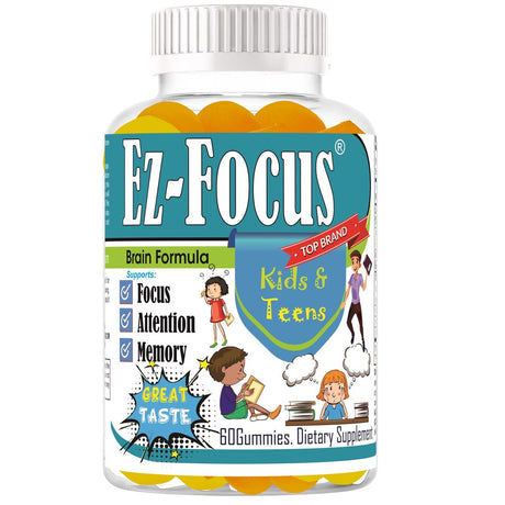 Ez-Focus Kids Brain Focus Chewable Gummies Supplements, Attention & Memory Help Formula for Children and Teens, Natural Omega DHA, Study Task Support