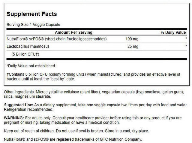 Swanson Lactobacillus Rhamnosus with FOS - Probiotic Supplement Supporting Digestive Health with 5 Billion CFU - Promotes GI Tract Health during Travel - (60 Veggie Capsules)