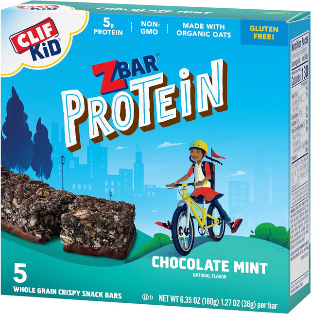 CLIF Kid Zbar Protein - Chocolate Mint - Crispy Whole Grain Snack Bars - Made with Organic Oats - Non-Gmo - 5G Protein - 1.27 Oz. (5 Pack)