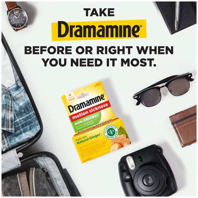 Dramamine Non-Drowsy, Motion Sickness Relief, Made with Natural Ginger, 18 Count