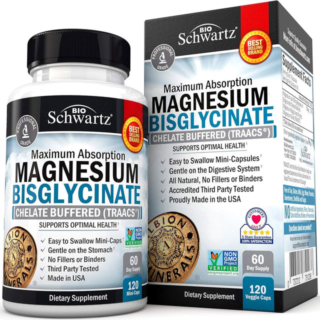 Bioschwartz Magnesium Bisglycinate 100% | Maximum Absorption | Health and Muscle Support | 120 Ct