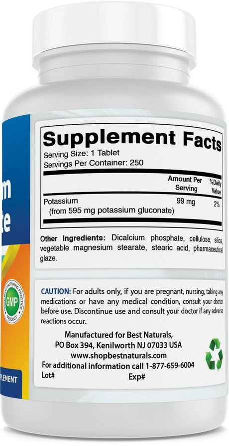 Best Naturals Potassium Gluconate 595 Mg 250 Tablets