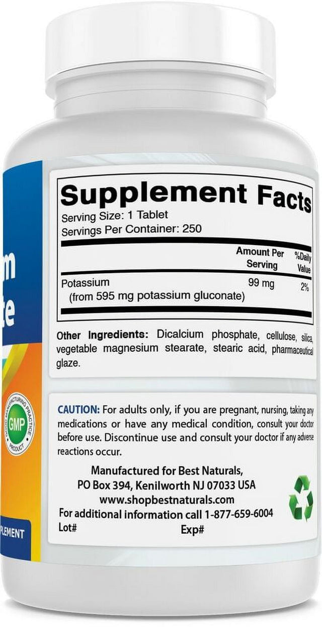 Best Naturals Potassium Gluconate 595 Mg 250 Tablets