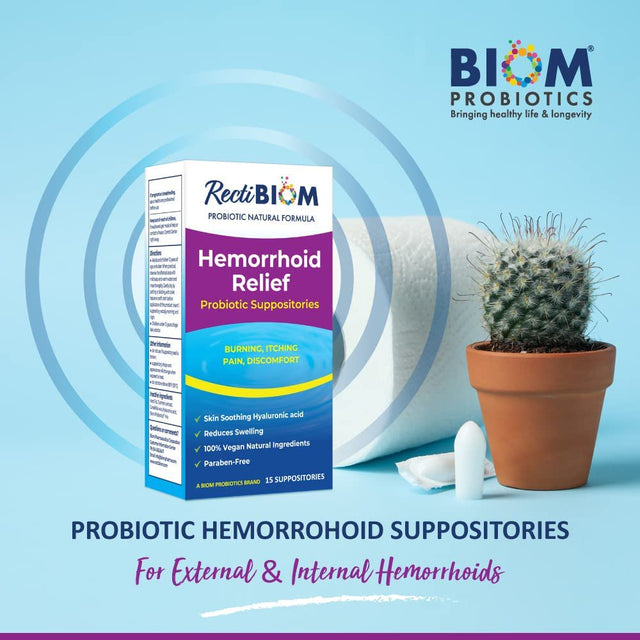 Biom Probiotics Rectibiom Probiotic Hemorrhoid Relief Suppositories, Natural Hyaluronic Acid Suppositories with Turmeric Extract, 15 Count