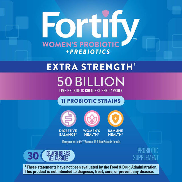 Fortify Women’S Extra Strength Probiotic, 50 Billion Cultures, 11 Strains, Prebiotics, 30 Capsules