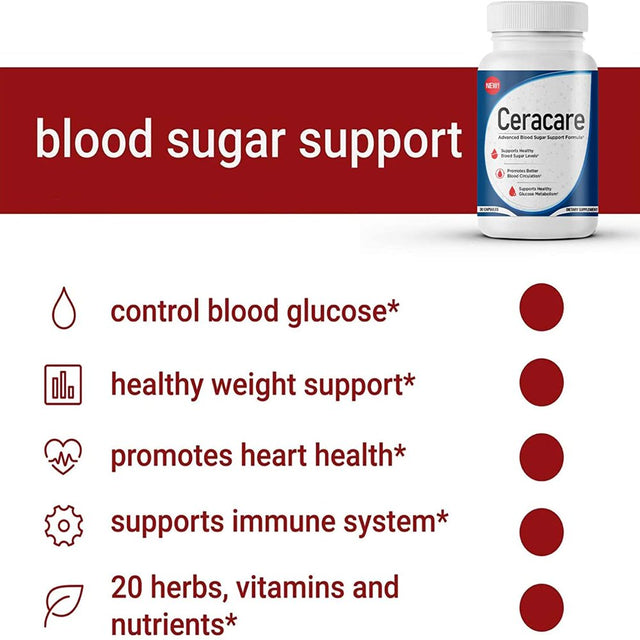 Ceracare - Advanced Blood Sugar Support Formula - White and One Size Pills for Healthy Blood Sugar Levels - Promotes Better Blood Circulation and Healthy Glucose Metabolism - 60 Capsules (1 Pack)