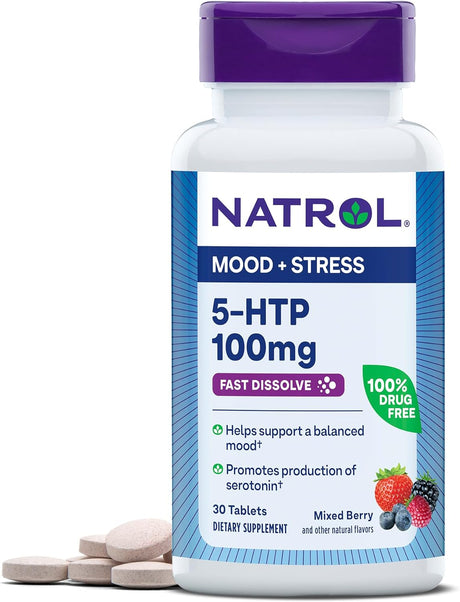 Natrol 5-HTP 100Mg, Drug-Free Dietary Supplement Helps Support Balanced Mood, 30 Mixed Berry-Flavored Fast Dissolve Tablets, 15-30 Day Supply