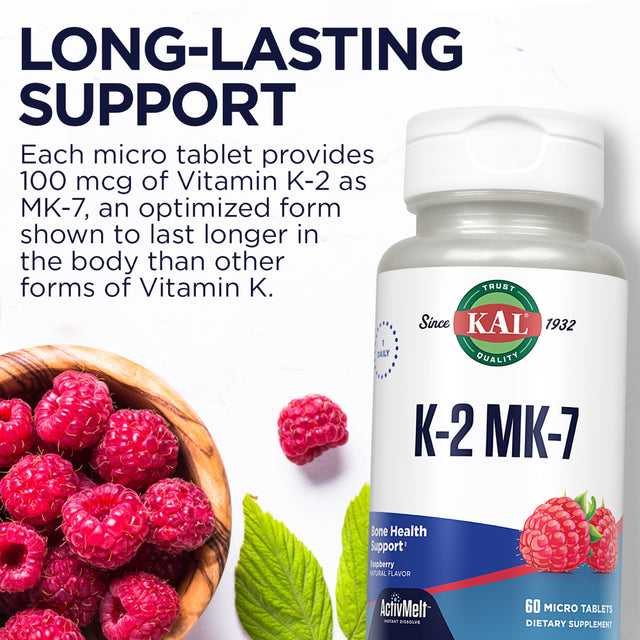 KAL Vitamin K-2 MK-7 Activmelt | Natural Raspberry Flavor | Bone & Cardiovascular Function Support | No Sugar Added | Lab Verified | 60 Micro Tablets