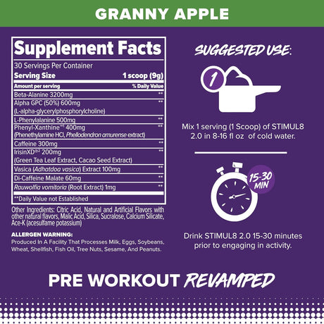 FINAFLEX STIMUL8 2.0 Pre Workout, Granny Apple - Delivers Energy, Focus & Strength - with Beta-Alanine, Alpha GPC & Caffeine - 30 Servings