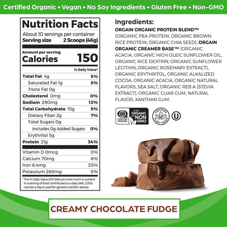 Orgain Organic Vegan 21G Protein Powder, Plant Based, Creamy Chocolate Fudge 1.02Lb