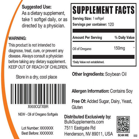 Bulksupplements.Com Oil of Oregano Softgels, 150Mg - Gut Health Supplements (120 Softgels - 120 Servings)