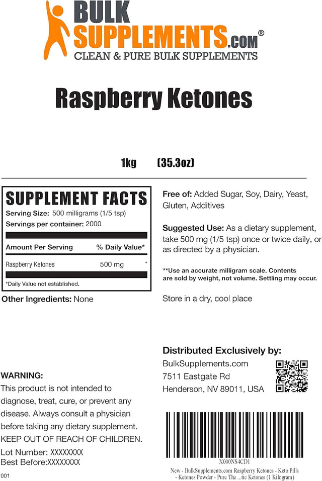 BULKSUPPLEMENTS.COM Raspberry Ketones Powder - Dietary Supplement, Antioxidants Support - Pure, Gluten Free - 500Mg per Serving, 2000 Servings (1 Kilogram - 2.2 Lbs)