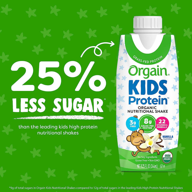 Orgain Organic Kids Nutritional Protein Shake, Vanilla - Kids Snacks with 8G Dairy Protein, 22 Vitamins & Minerals, Fruits & Vegetables, Gluten Free, Soy Free, Non GMO, 8.25 Fl Oz (Pack of 12)