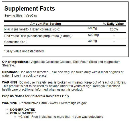 Solaray Red Yeast Rice plus Coq-10 | with Niacin for Added Cardiovascular Health Support | Non-Irradiated & No Citrinin | 90 Vegetarian Capsules