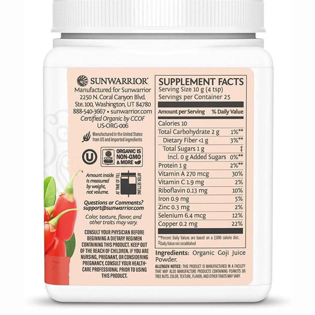 Sunwarrior Organic Goji Berry Supplement | Plant Based Superfood Powder with Vitamin A, 250G