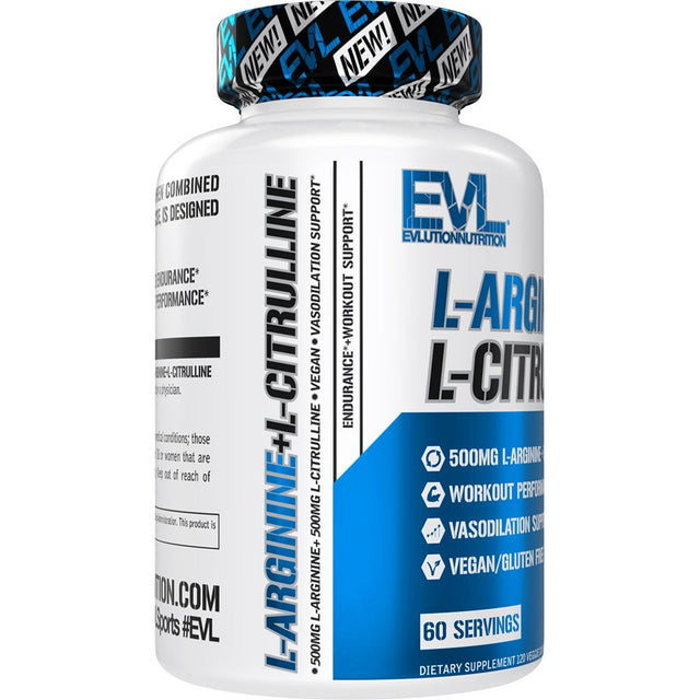 Evlution Nutrition L-Arginine + L-Citrulline - Endurance + Workout Performance Supplement - 500Mg Complex - Vasodilation + Nitric Oxide Support - Vegan + Gluten Free Capsules - 60 Servings