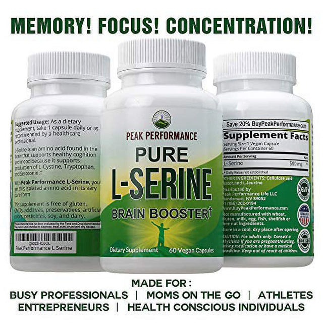 L-Serine Capsules 500Mg by Peak Performance. Best Brain and Nootropic Amino Acids for Production of L-Cystine, L-Tryptophan and Serotonin. USA Grade L Serine Pills. Non-Gmo Supplement (60 Se