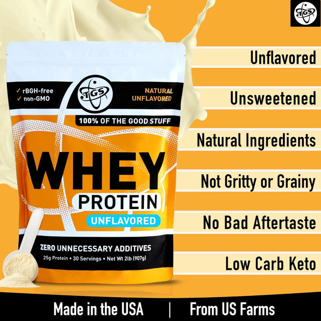 TGS 100% Whey Protein Powder Unflavored, Unsweetened, Keto Friendly - 2Lb - All Natural, Low Carb, Low Calorie, Soy Free, Gluten Free, Made in USA