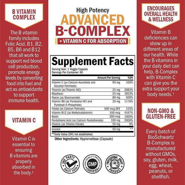 Bioschwartz Vitamin B-Complex Capsules with Vitamin C - Immunity and Nervous System Support | 60Ct