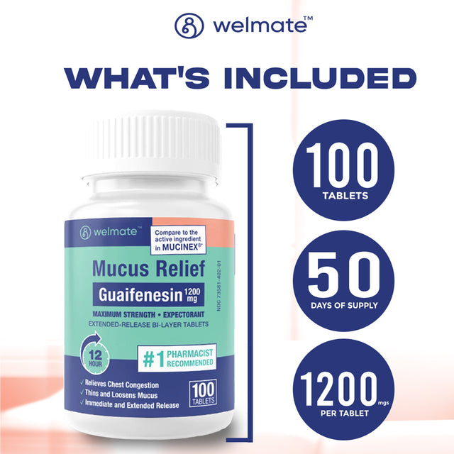 Welmate Mucus Relief - Guaifenesin 1200 Mg Maximum Strength - 100 Count Extended-Release Tablets