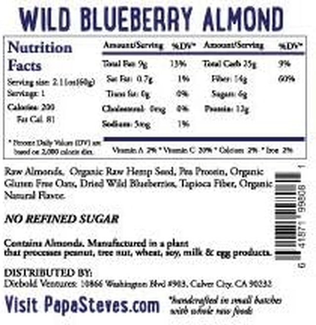 Papa Steve'S No Junk Raw Vegan Protein Bars, Wild Blueberry 2.1Oz, 10 Count