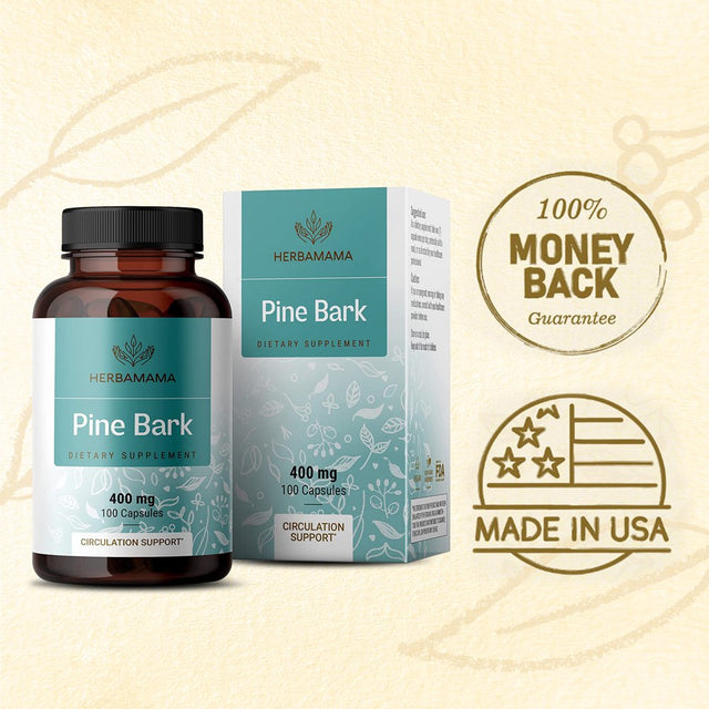 HERBAMAMA Pine Bark 100 Caps - French Maritime Pine Bark Extract for Heart Health & Blood Pressure Support