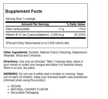 Solaray Vitamin B-12 2000 Mcg, Sugar-Free Natural Cherry Flavor, Healthy Energy & Red Blood Cell Support, 90 Lozenges