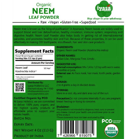 Organic Neem Leaf Powder ( Azadirachta Indica ) Ayurveda Herb Supports Blood and Liver Purification Resealable Pouch 4 OZ / 113 GM