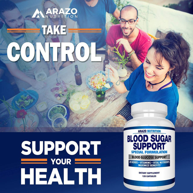 Blood Sugar Support Supplement - 20 Herbs & Multivitamin for Blood Sugar Control with Alpha Lipoic Acid & Cinnamon - 120 Pills - Arazo Nutrition