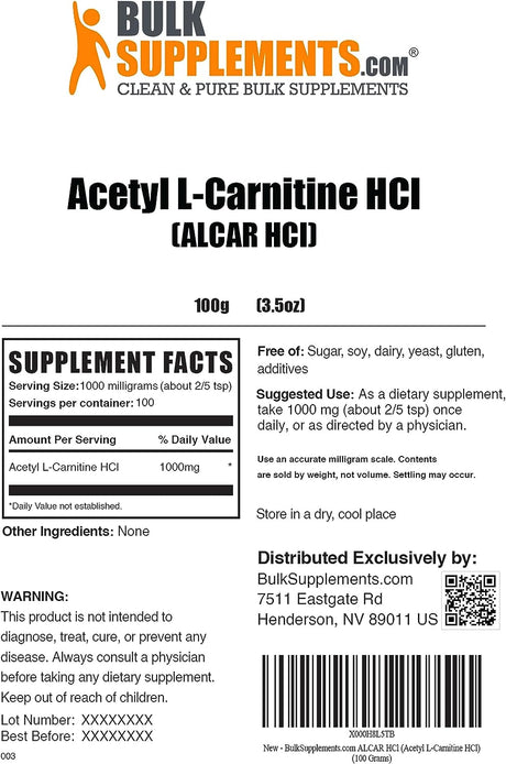 Bulksupplements.Com Acetyl L-Carnitine Powder - ALCAR Hcl, Carnitine Supplement, Acetyl L-Carnitine 1000Mg - ALCAR Powder, Unflavored & Gluten Free, 1000Mg per Serving, 100G (3.5 Oz)