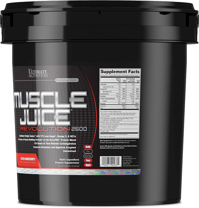 Ultimate Nutrition Muscle Juice Revolution 2600, Lean Muscle Mass Gainer Protein Powder with Glutamine, Whey Protein Isolate for Weight Gain, Time Release Carbohydrates, 11.1 Pounds, Strawberry