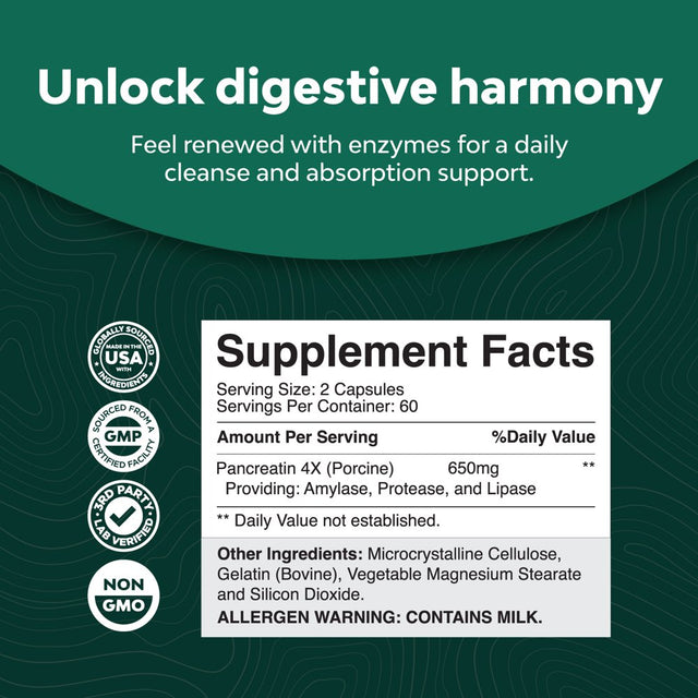 Pancreatin Digestive Enzymes for Digestive Health - Pancreatic Enzymes for Humans with Fat Carb and Protein Digestive Enzymes for Women and Men - Protease Amylase & Lipase Enzymes for Digestion