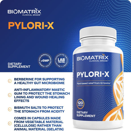 Biomatrix Pylori-X | Stomach and GI Support for H. Pylori Defense | Mastic Gum Berberine | Matula Tea Alternative (120 Caps)