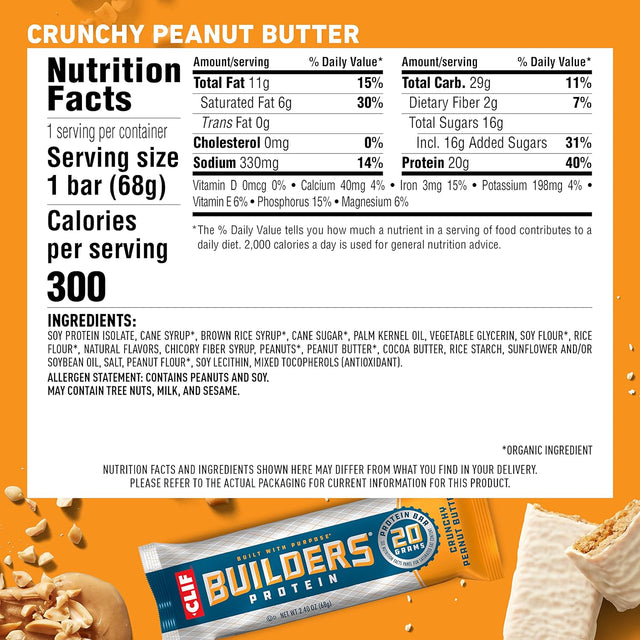 CLIF BUILDERS - Protein Bars - Crunchy Peanut Butter - 20G Protein - Gluten Free (2.4 Ounce, 12 Count)