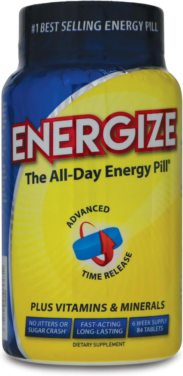 Energize Caffeine Pills, Fast Acting All Day Energy Pills & Natural Nootropics Support Supplement with Time Release Caffeine, Energy Support for Men and Women, No Jitters, No Crash (84 Tablets)