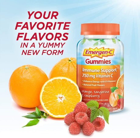 Emergen-C 750Mg Vitamin C Gummies for Adults, Immunity Gummies with B Vitamins, Gluten Free, Orange, Tangerine and Raspberry Flavors - 45 Counts