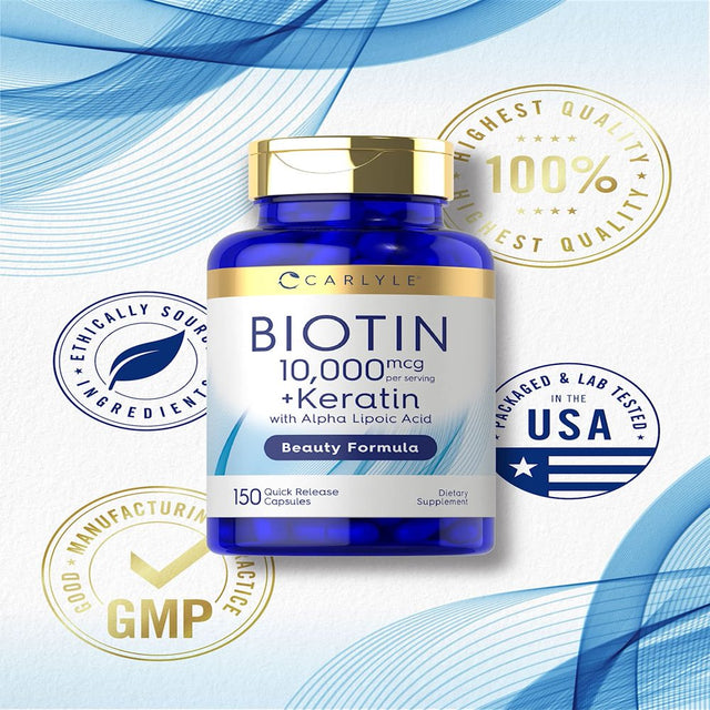 Biotin 10,000Mcg | 150 Capsules | Beauty Formula with Keratin | by Carlyle