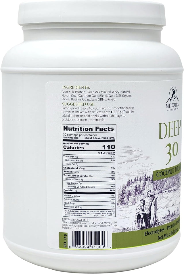 MT. CAPRA since 1928 DEEP-30 | Meal Replacement Shake, Goat Protein Powder with Grass Fed Whey Protein and Casein Protein, Minerals and BC-30 Probiotics, Coconut Dream Flavor - 2 Lbs