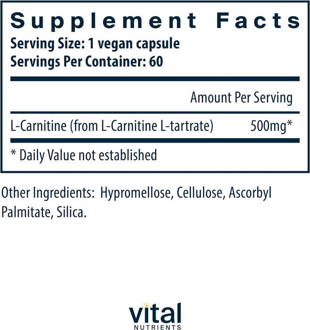 Vital Nutrients - Carnitine - Cardiovascular and Fat Metabolism Support - L-Carnitine Supplement - Heart Health Support - Supports Fatty Acid Transport - 60 Vegetarian Capsules per Bottle - 500 Mg