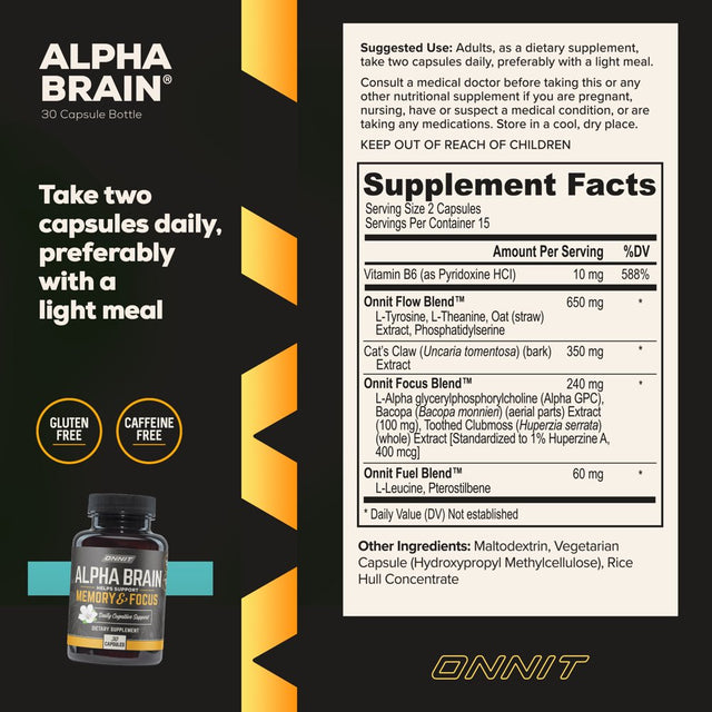 ONNIT Alpha BRAIN Premium Nootropic Brain Health Supplement, Memory and Focus Support, 30 Ct