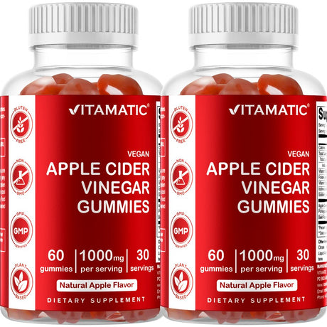 2 Pack - Vitamatic Apple Cider Vinegar Gummies - 1000Mg per Serving - 60 Vegan Gummies - ACV Gummies for Detox, Weight Loss Support, Energy Boost, Digestion & Gut Health (Total 120 Count)