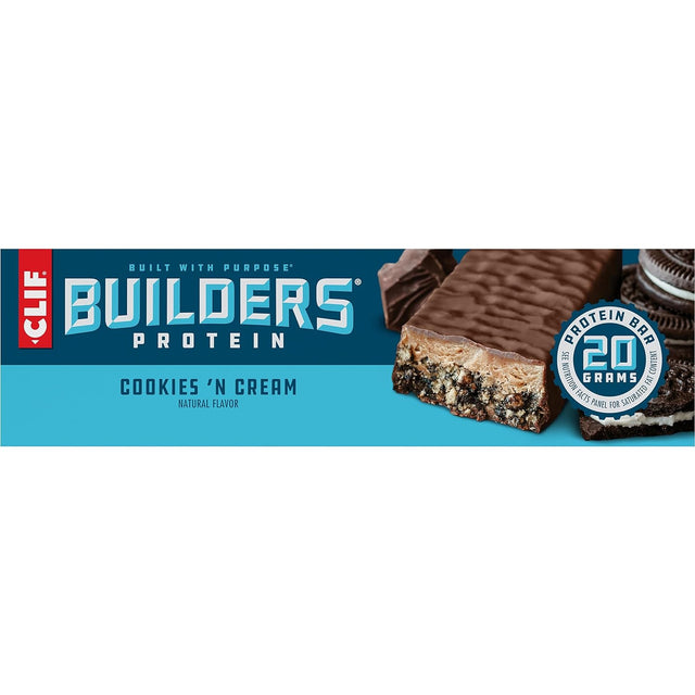 CLIF Builders - Cookies 'N Cream Flavor - Protein Bars - Gluten-Free - Non-Gmo - Low Glycemic - 20G Protein - 2.4 Oz. (12 Count)