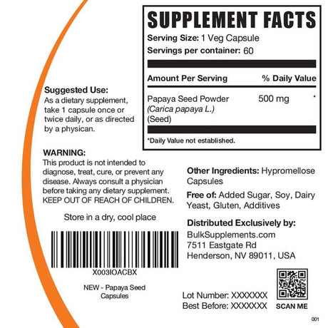 Bulksupplements.Com Papaya Seed Capsules, 1000Mg - Immune & Skin Support Supplements (120 Veg Caps - 60 Servings)