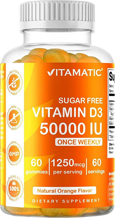 Vitamatic Sugar Free Vitamin D3 50,000 IU Weekly Supplement - 60 Pectin Based Gummies - Vitamin D Capsules for Bones, Teeth, and Immune Support